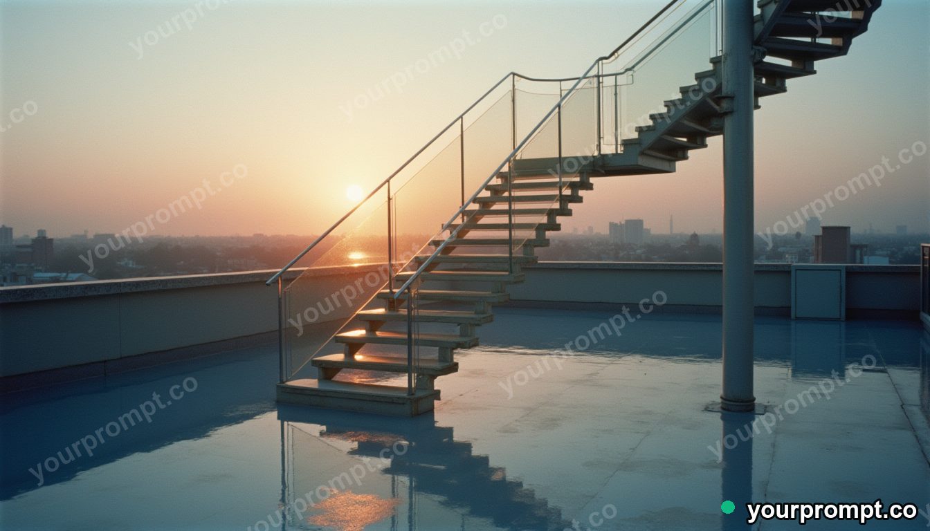 Acrylic staircase casting a reflection with the wrong color on a silent rooftop at dawn · analog empty archive — AI-generated image