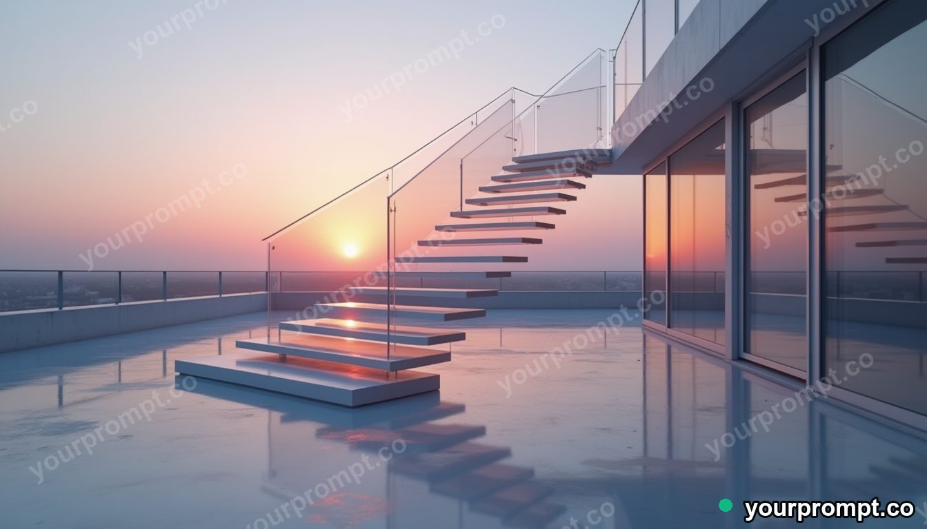 Acrylic staircase casting a reflection with the wrong color on a silent rooftop at dawn · impossible physics surreal — AI-generated image