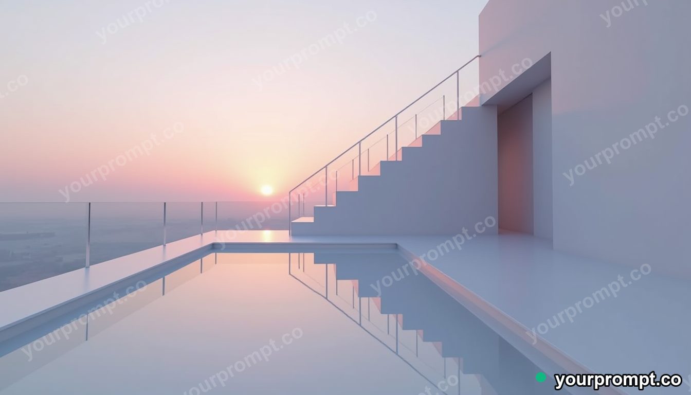 Acrylic staircase casting a reflection with the wrong color on a silent rooftop at dawn · minimal graphic geometry — AI-generated image