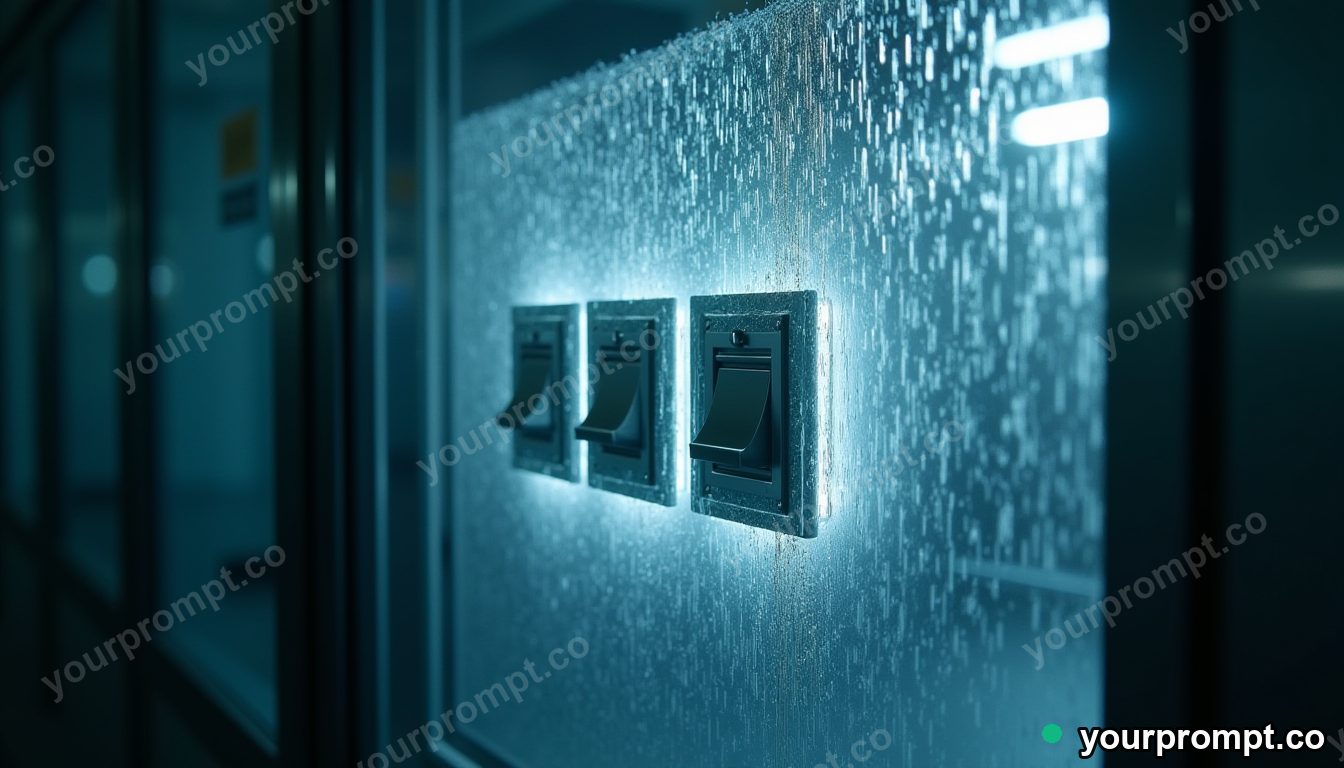Crystal switch panel covered with rain only on one side inside a glass test chamber — 5 AI style variations of one prompt
