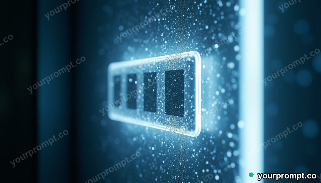 Crystal switch panel covered with rain only on one side inside a glass test chamber · premium material editorial — AI-generated image