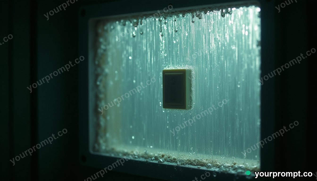 Crystal switch panel covered with rain only on one side inside a glass test chamber · analog empty archive — AI-generated image