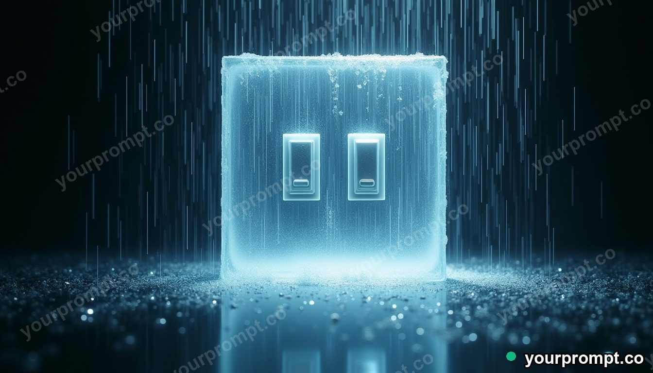Crystal switch panel covered with rain only on one side inside a glass test chamber · impossible physics surreal — AI-generated image