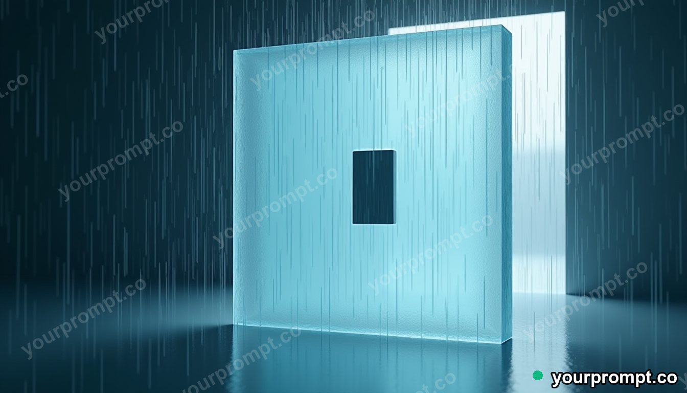 Crystal switch panel covered with rain only on one side inside a glass test chamber · minimal graphic geometry — AI-generated image