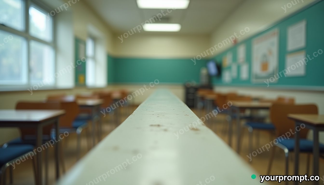 Ceramic road sign stretched into a long impossible perspective inside an empty classroom — 5 AI style variations of one prompt
