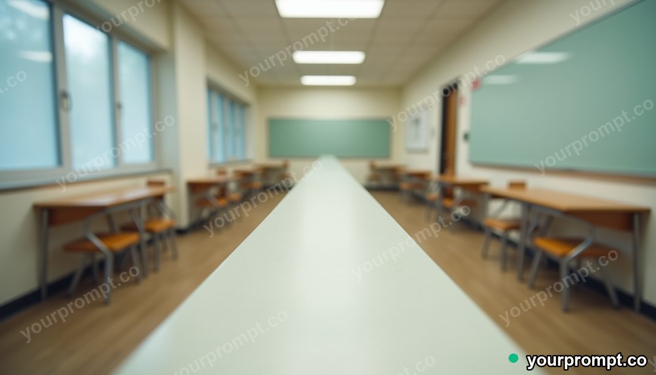 Ceramic road sign stretched into a long impossible perspective inside an empty classroom · premium material editorial — AI-generated image