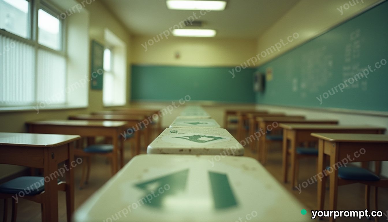 Ceramic road sign stretched into a long impossible perspective inside an empty classroom · analog empty archive — AI-generated image