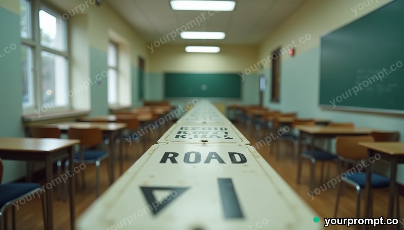Ceramic road sign stretched into a long impossible perspective inside an empty classroom · impossible physics surreal — AI-generated image