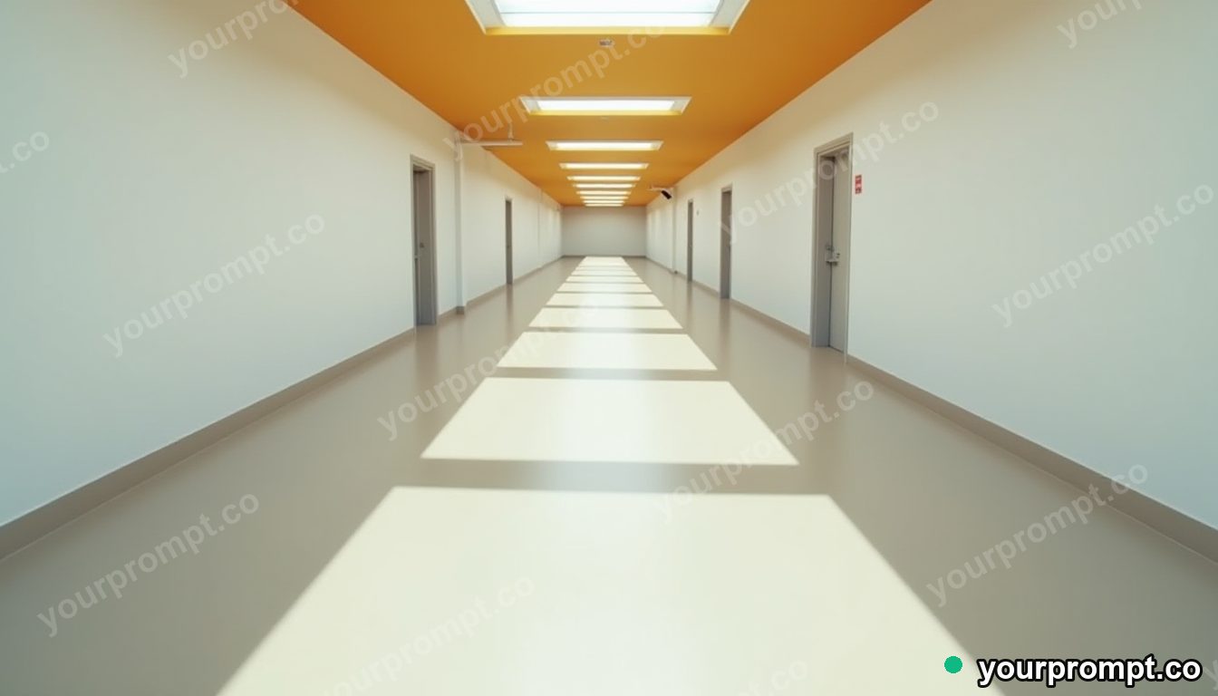 Ceramic road sign stretched into a long impossible perspective inside an empty classroom · minimal graphic geometry — AI-generated image