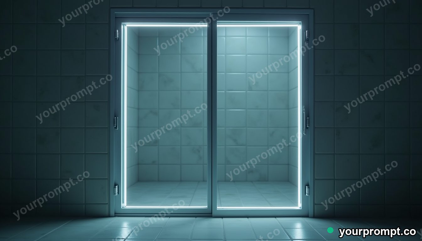 Carbon-fiber window frame glowing from seams and hinges inside a tiled maintenance room — 5 AI style variations of one prompt