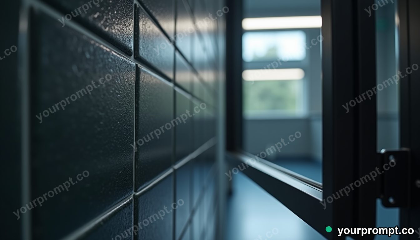 Carbon-fiber window frame glowing from seams and hinges inside a tiled maintenance room · premium material editorial — AI-generated image