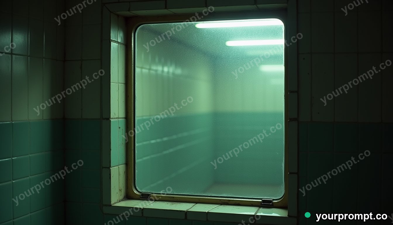 Carbon-fiber window frame glowing from seams and hinges inside a tiled maintenance room · analog empty archive — AI-generated image
