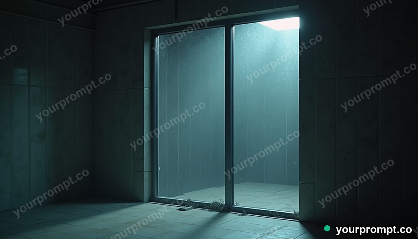Carbon-fiber window frame glowing from seams and hinges inside a tiled maintenance room · impossible physics surreal — AI-generated image