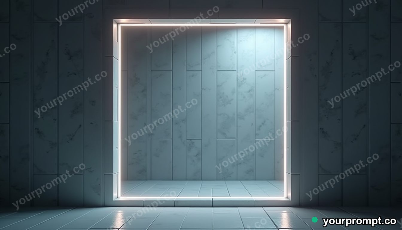 Carbon-fiber window frame glowing from seams and hinges inside a tiled maintenance room · minimal graphic geometry — AI-generated image