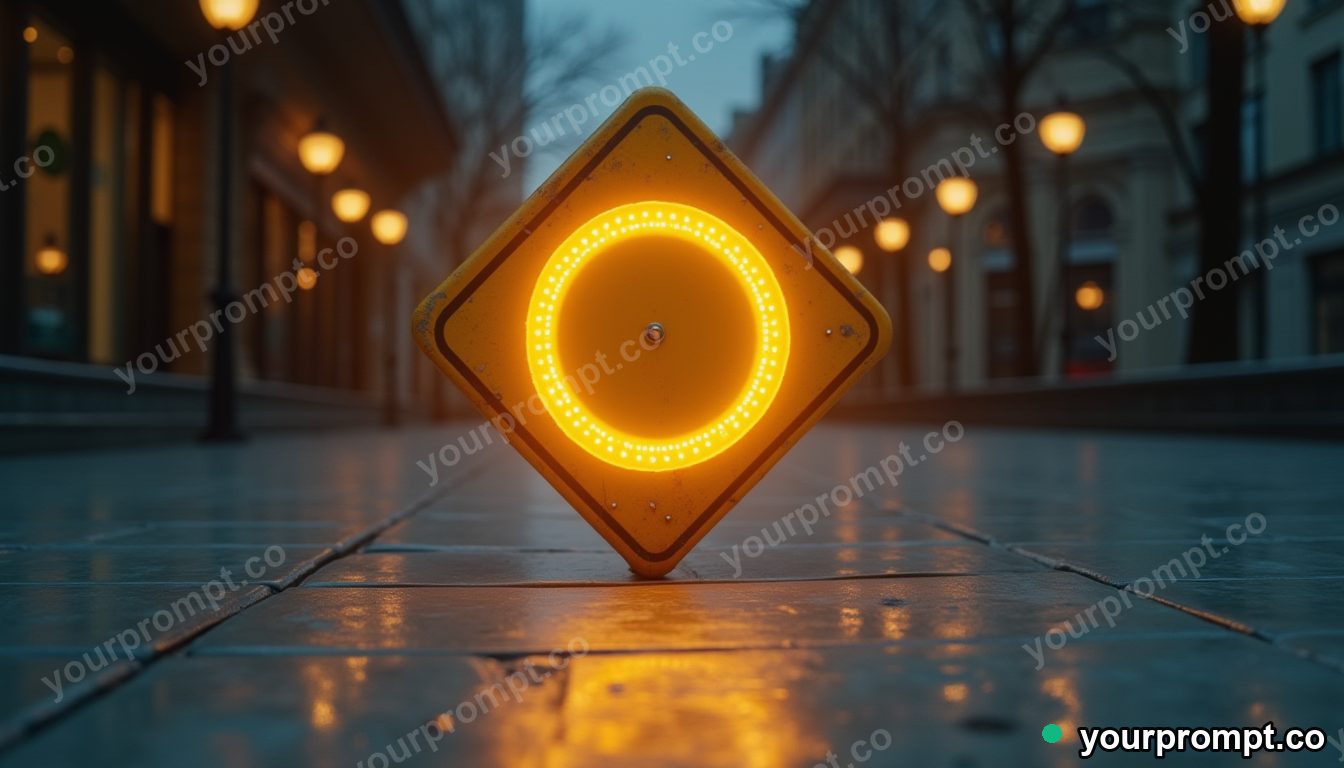 Ceramic road sign glowing from seams and hinges on a mirror-like tiled floor — 5 AI style variations of one prompt