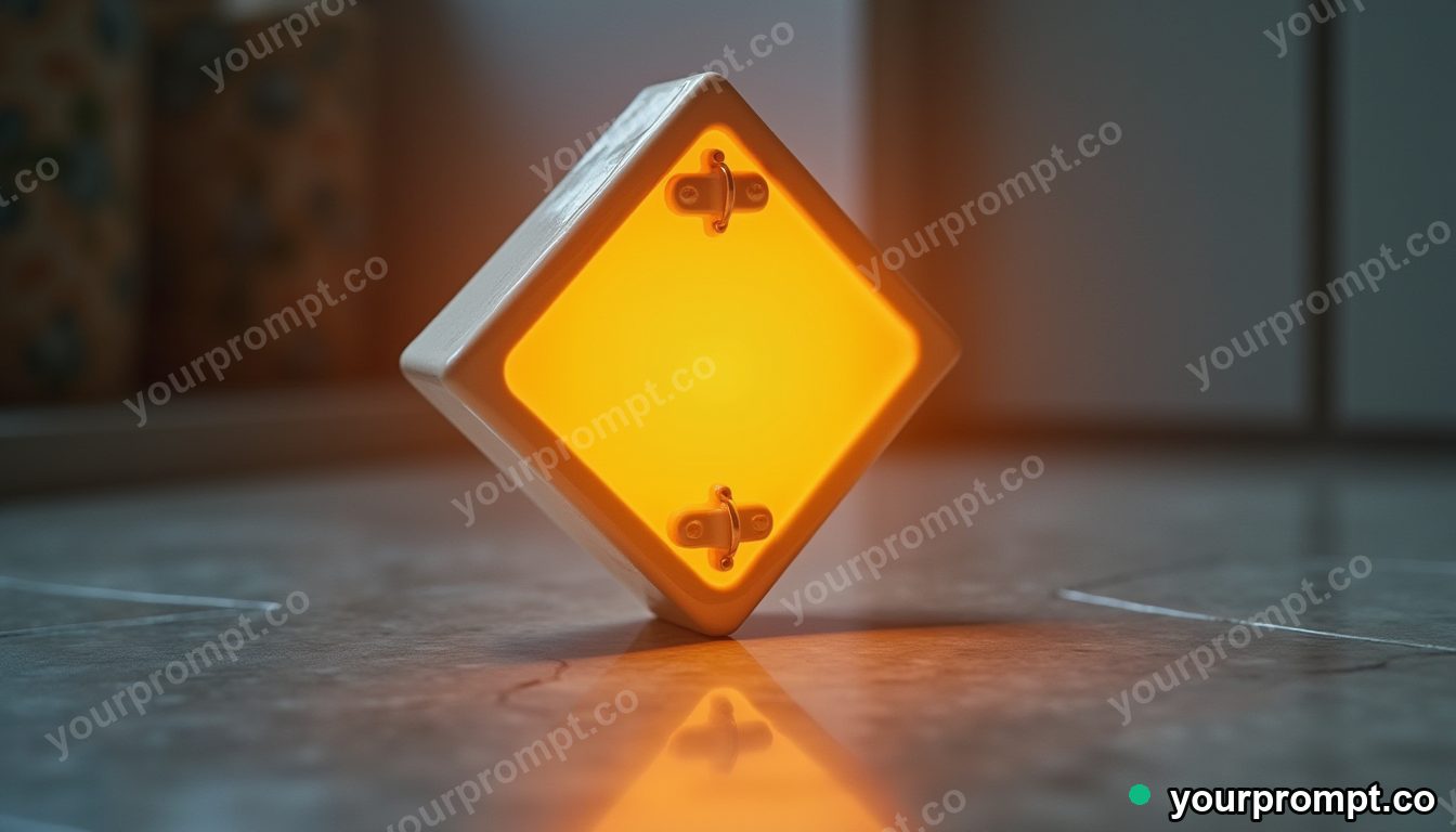 Ceramic road sign glowing from seams and hinges on a mirror-like tiled floor · premium material editorial — AI-generated image