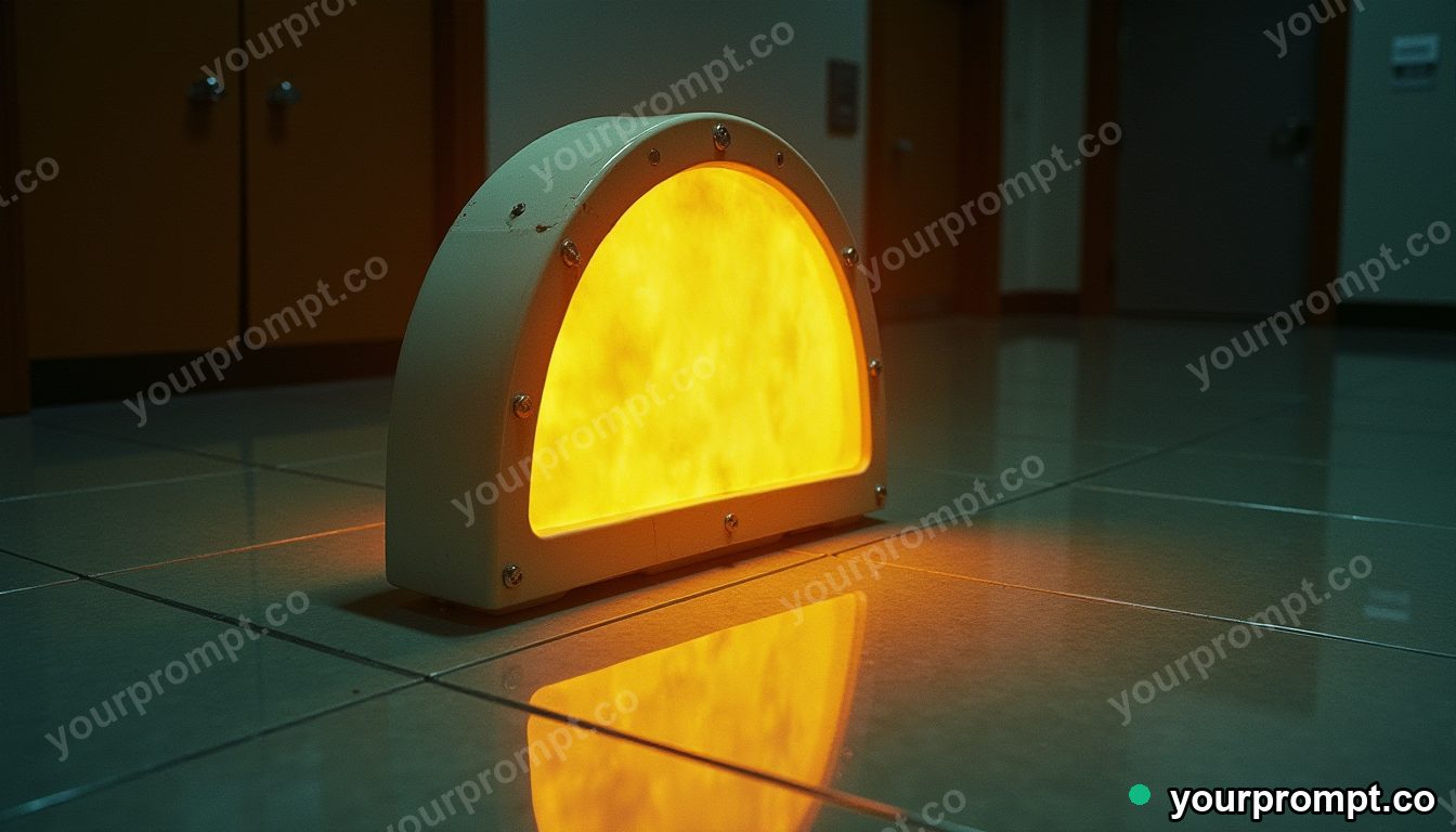 Ceramic road sign glowing from seams and hinges on a mirror-like tiled floor · analog empty archive — AI-generated image