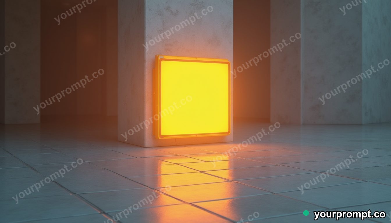 Ceramic road sign glowing from seams and hinges on a mirror-like tiled floor · minimal graphic geometry — AI-generated image