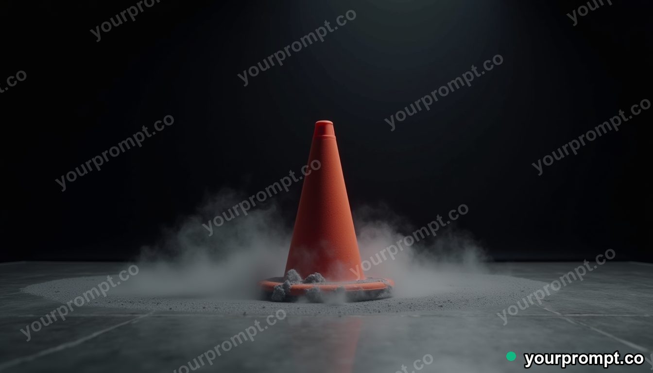 Velvet traffic cone covered in slow-moving silver dust in a black-box studio — 5 AI style variations of one prompt