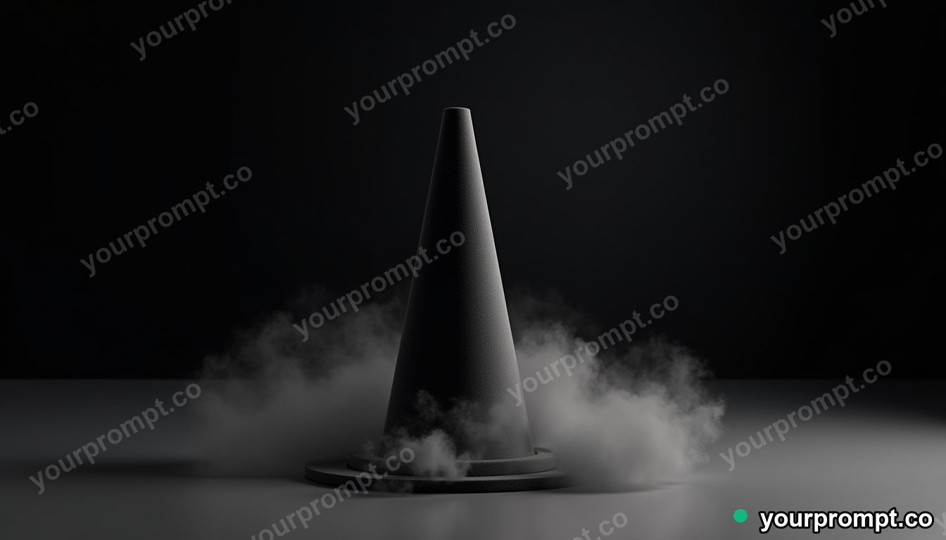 Velvet traffic cone covered in slow-moving silver dust in a black-box studio · premium material editorial — AI-generated image