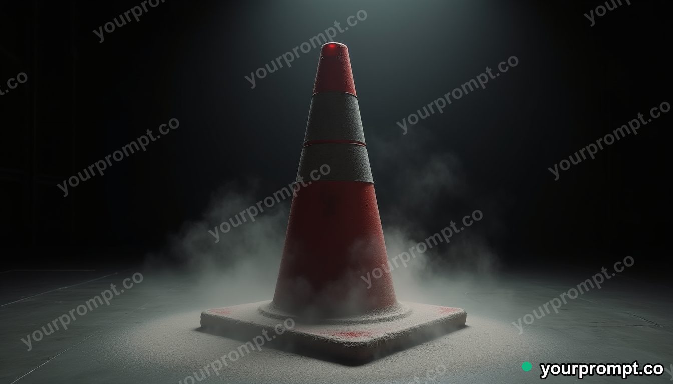 Velvet traffic cone covered in slow-moving silver dust in a black-box studio · analog empty archive — AI-generated image
