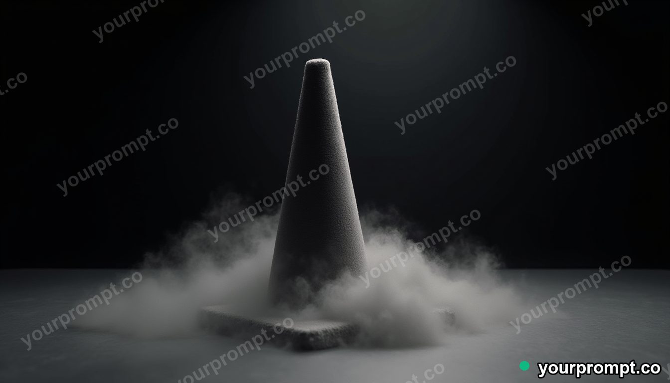 Velvet traffic cone covered in slow-moving silver dust in a black-box studio · impossible physics surreal — AI-generated image