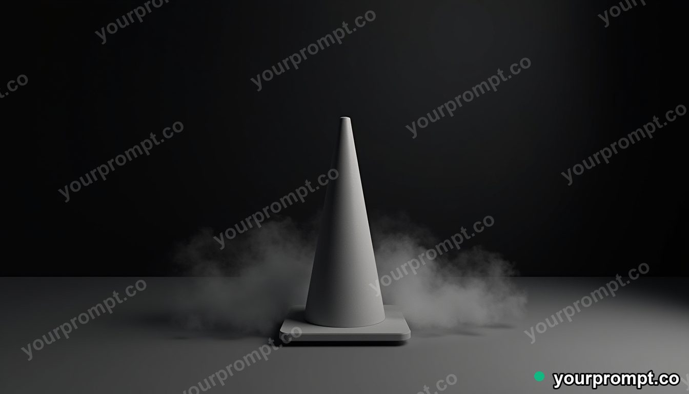 Velvet traffic cone covered in slow-moving silver dust in a black-box studio · minimal graphic geometry — AI-generated image