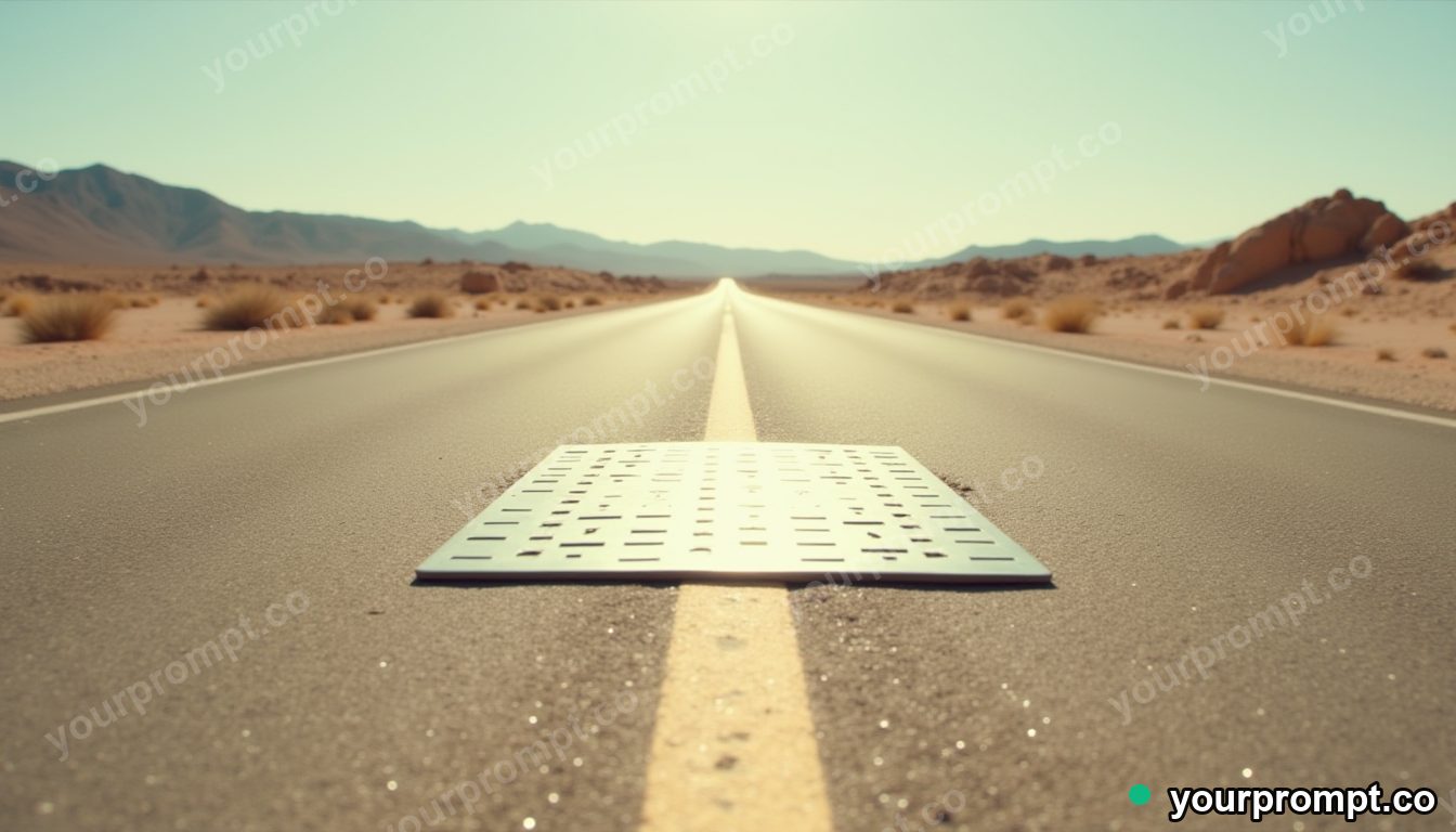 Titanium doormat casting a reflection with the wrong color on a pale desert road — 5 AI style variations of one prompt
