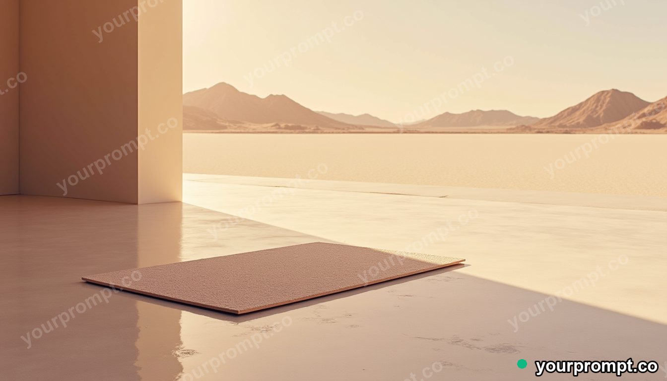 Titanium doormat casting a reflection with the wrong color on a pale desert road · premium material editorial — AI-generated image