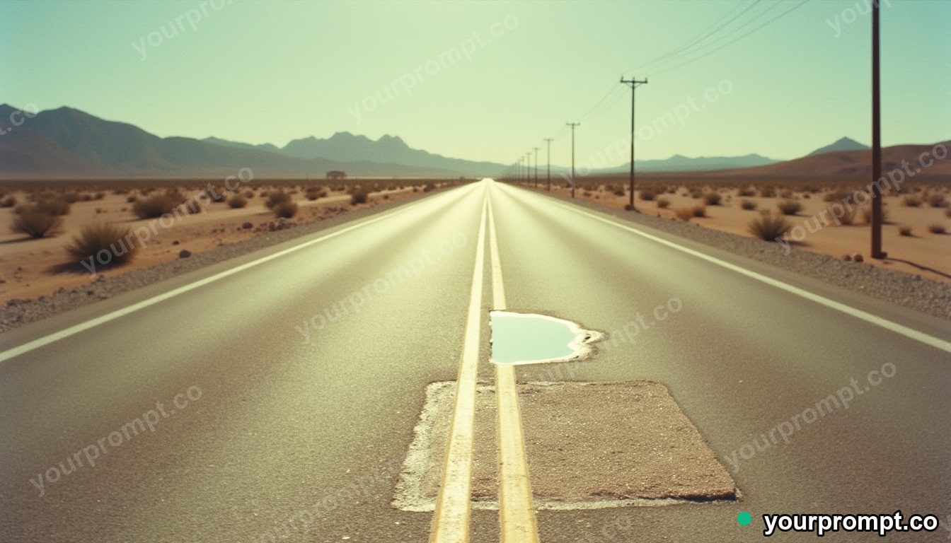 Titanium doormat casting a reflection with the wrong color on a pale desert road · analog empty archive — AI-generated image