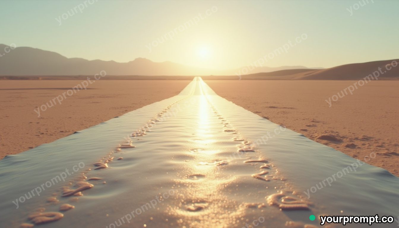 Titanium doormat casting a reflection with the wrong color on a pale desert road · impossible physics surreal — AI-generated image