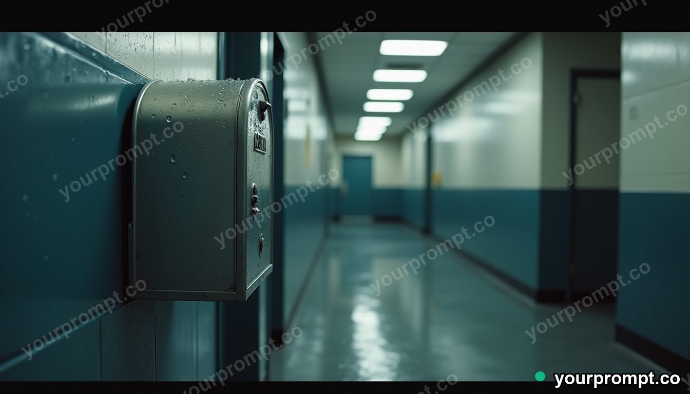 Chrome mailbox covered with rain only on one side inside a quiet municipal hallway — 5 AI style variations of one prompt