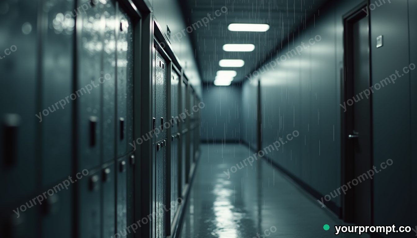 Chrome mailbox covered with rain only on one side inside a quiet municipal hallway · premium material editorial — AI-generated image