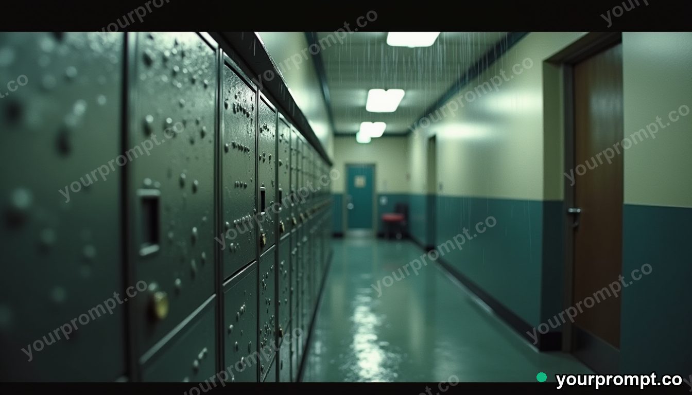 Chrome mailbox covered with rain only on one side inside a quiet municipal hallway · analog empty archive — AI-generated image