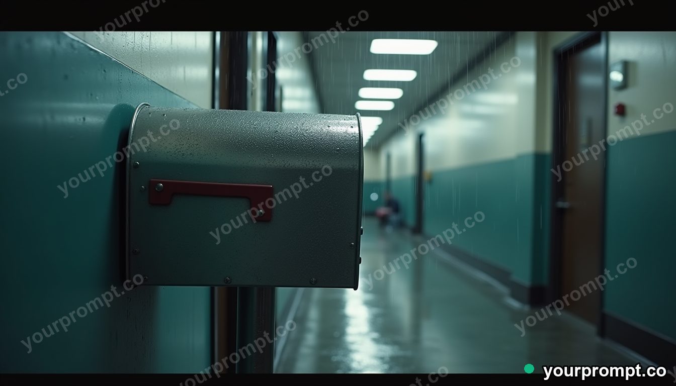 Chrome mailbox covered with rain only on one side inside a quiet municipal hallway · impossible physics surreal — AI-generated image
