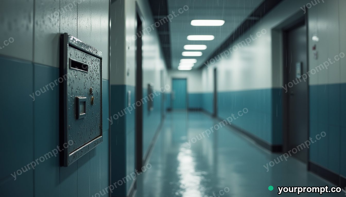 Chrome mailbox covered with rain only on one side inside a quiet municipal hallway · minimal graphic geometry — AI-generated image