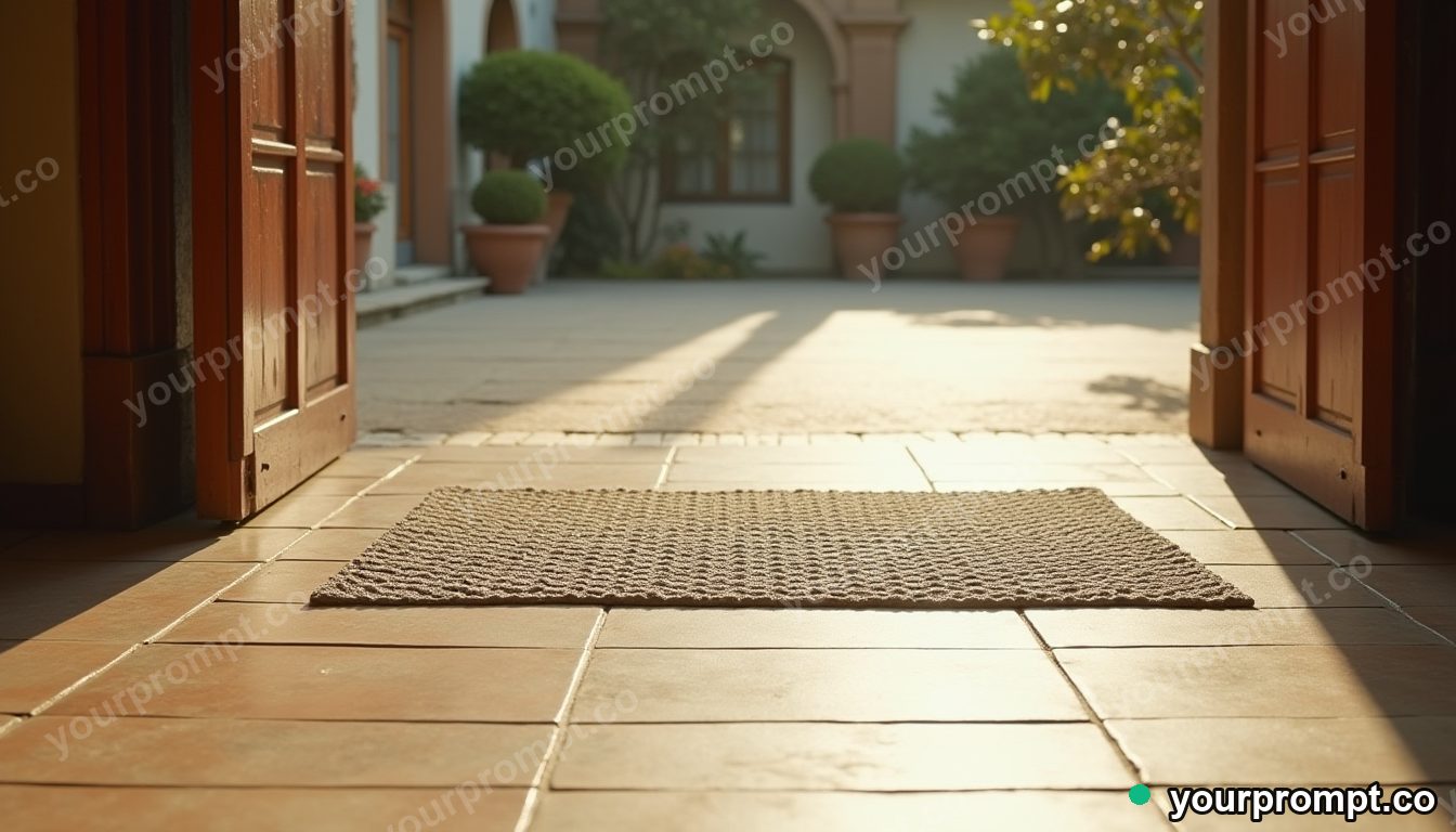 Titanium doormat slowly turning into polished stone in a sun-bleached courtyard — 5 AI style variations of one prompt