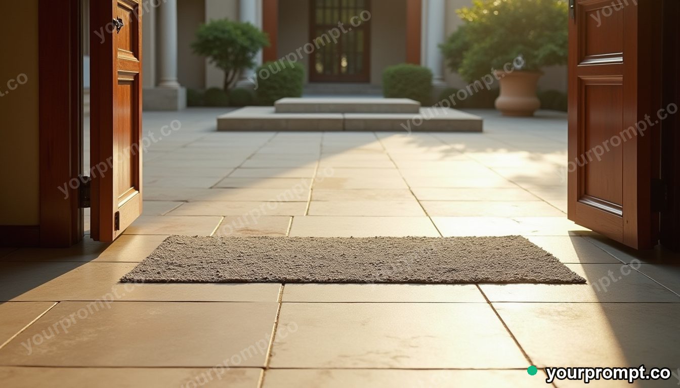 Titanium doormat slowly turning into polished stone in a sun-bleached courtyard · premium material editorial — AI-generated image