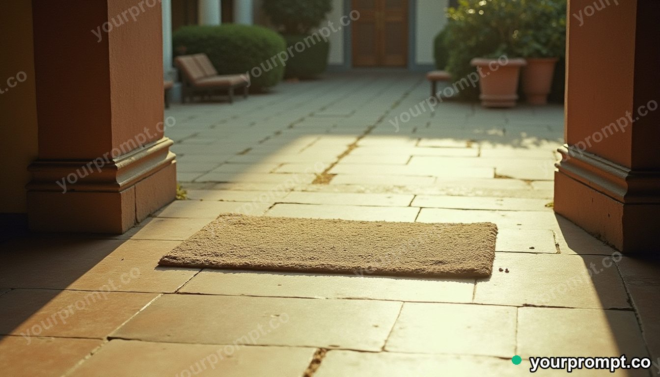 Titanium doormat slowly turning into polished stone in a sun-bleached courtyard · analog empty archive — AI-generated image