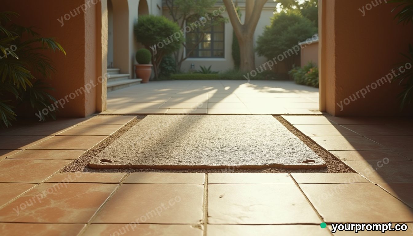 Titanium doormat slowly turning into polished stone in a sun-bleached courtyard · impossible physics surreal — AI-generated image