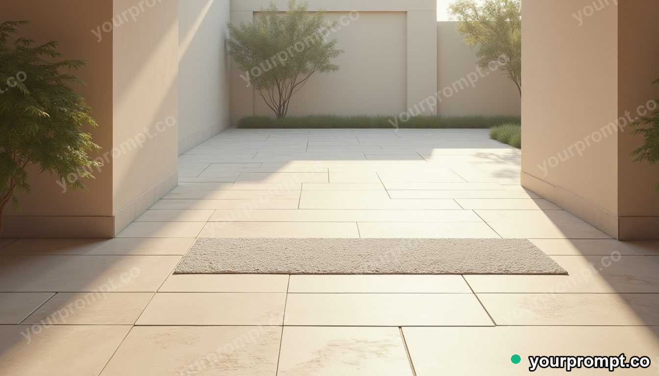 Titanium doormat slowly turning into polished stone in a sun-bleached courtyard · minimal graphic geometry — AI-generated image