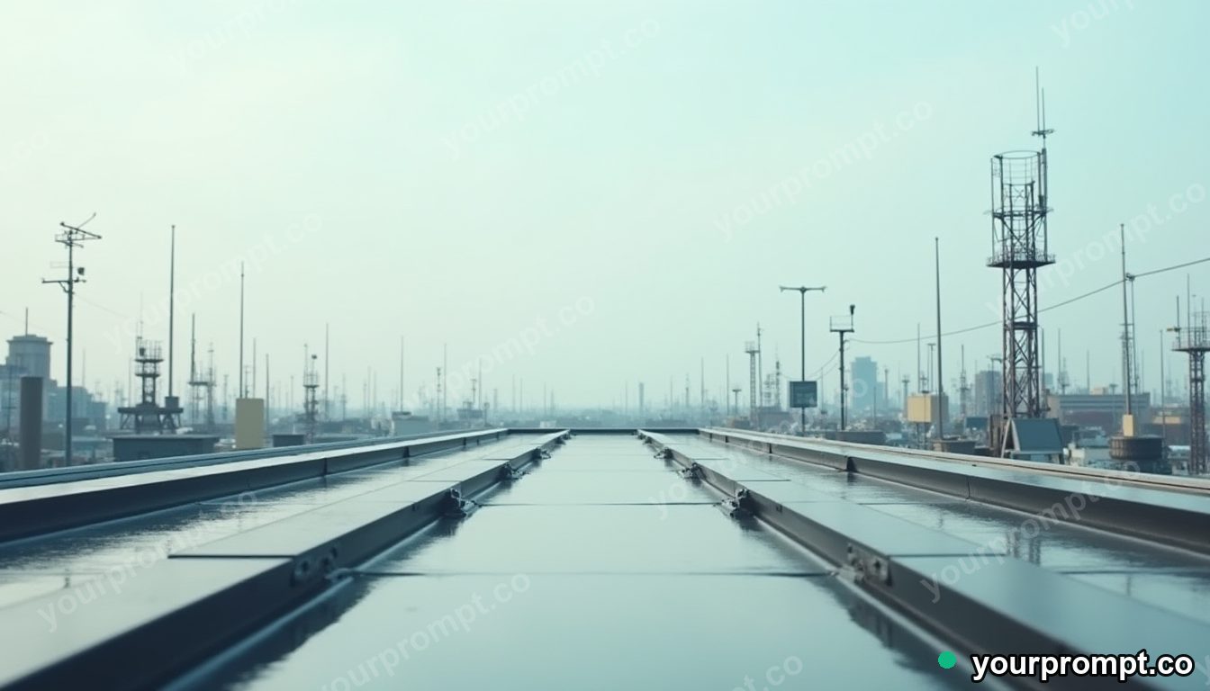 Carbon-fiber window frame stretched into a long impossible perspective on a rooftop surrounded by antennas — 5 AI style variations of one prompt