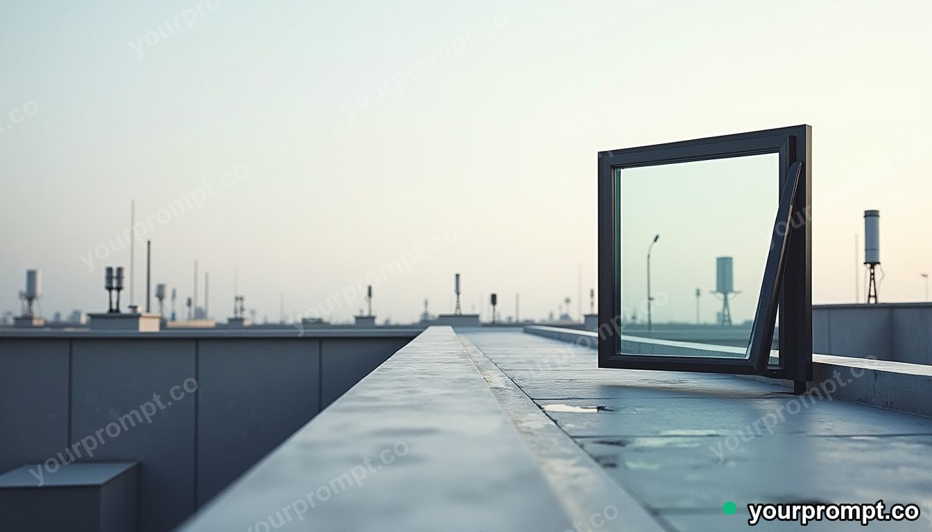 Carbon-fiber window frame stretched into a long impossible perspective on a rooftop surrounded by antennas · premium material editorial — AI-generated image