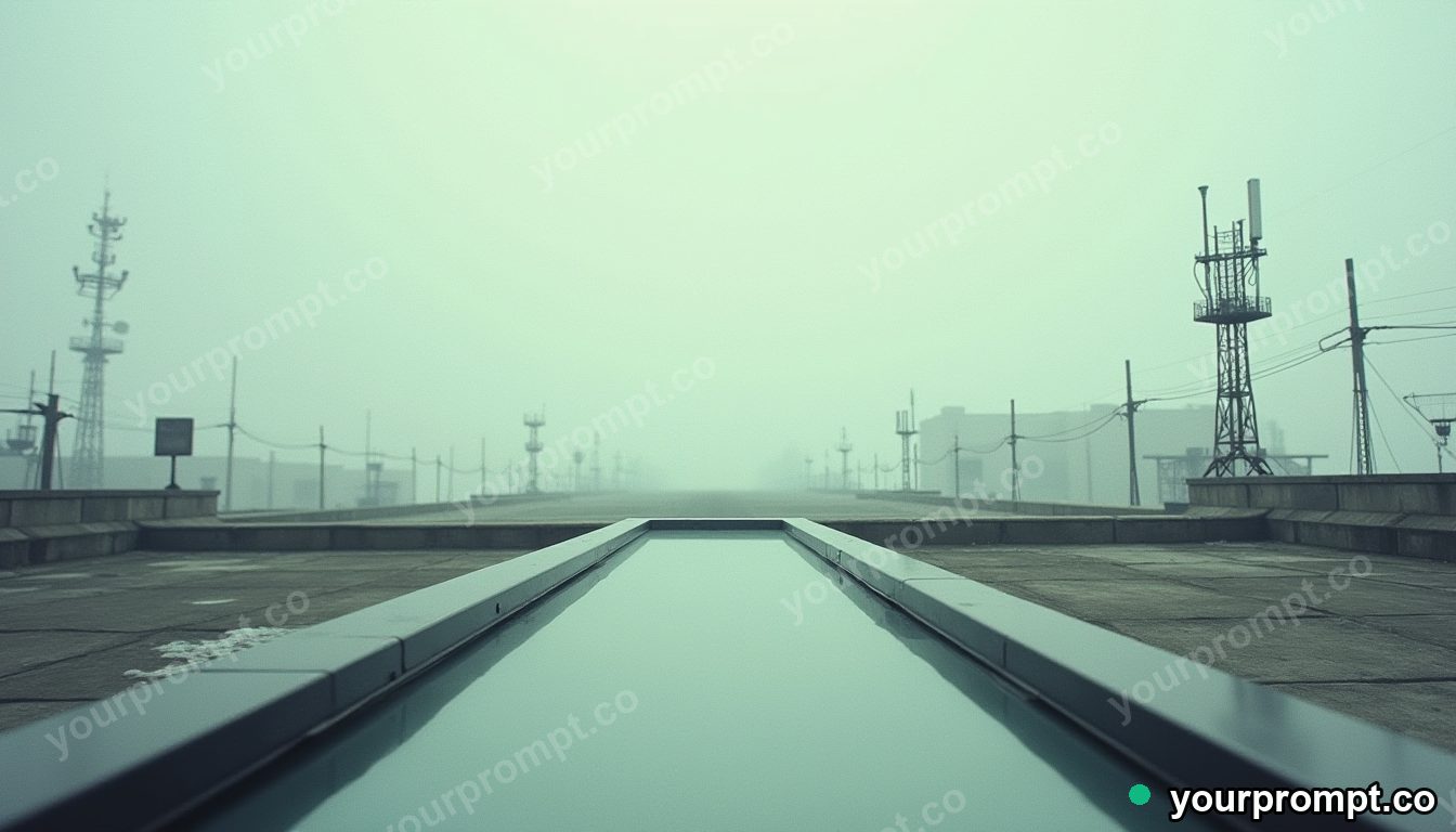 Carbon-fiber window frame stretched into a long impossible perspective on a rooftop surrounded by antennas · analog empty archive — AI-generated image