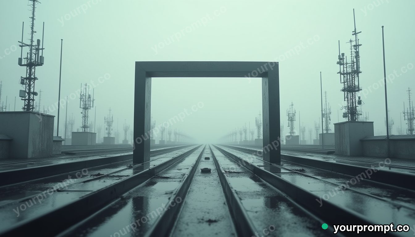 Carbon-fiber window frame stretched into a long impossible perspective on a rooftop surrounded by antennas · impossible physics surreal — AI-generated image