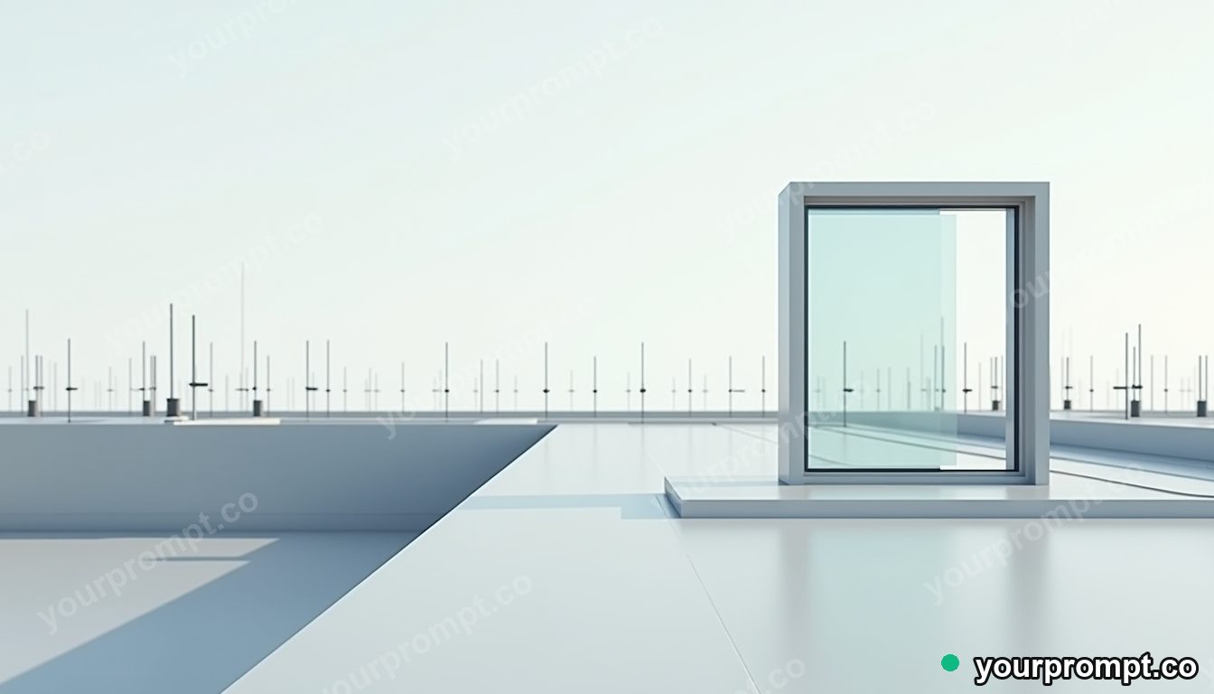 Carbon-fiber window frame stretched into a long impossible perspective on a rooftop surrounded by antennas · minimal graphic geometry — AI-generated image