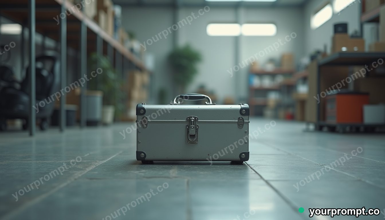 Silver toolbox slowly turning into polished stone inside a closed showroom — 5 AI style variations of one prompt