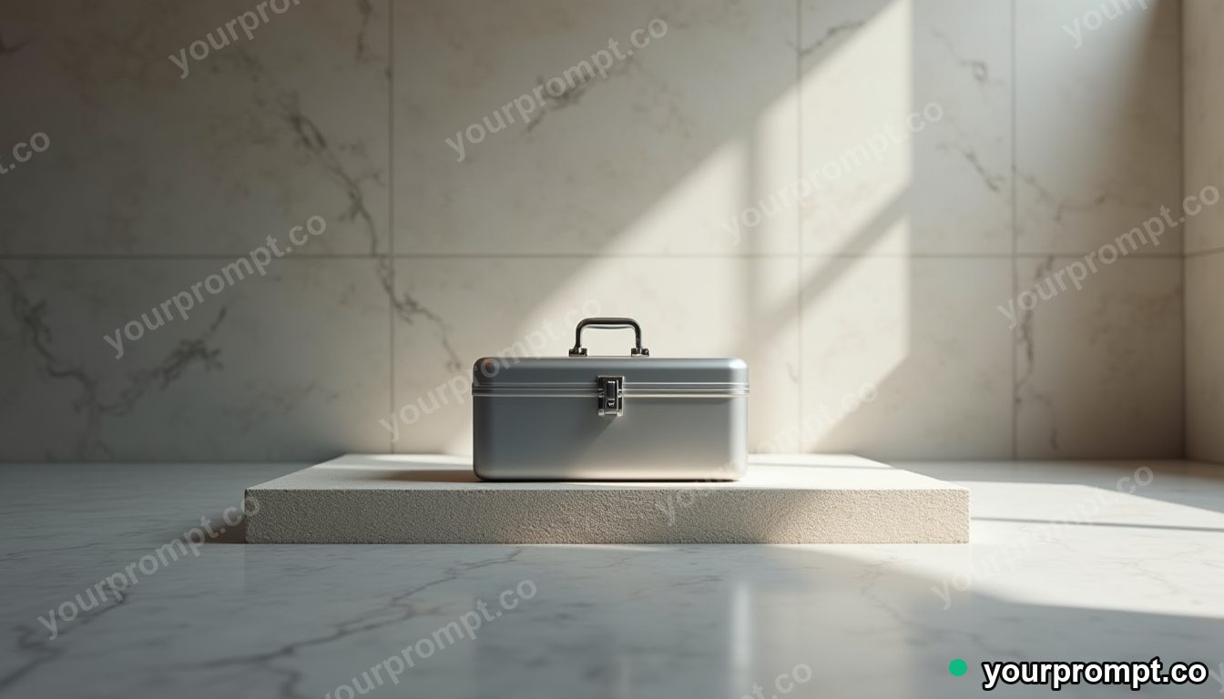 Silver toolbox slowly turning into polished stone inside a closed showroom · premium material editorial — AI-generated image