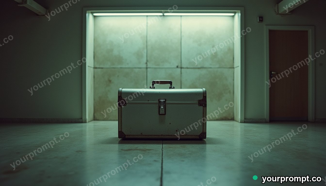 Silver toolbox slowly turning into polished stone inside a closed showroom · analog empty archive — AI-generated image
