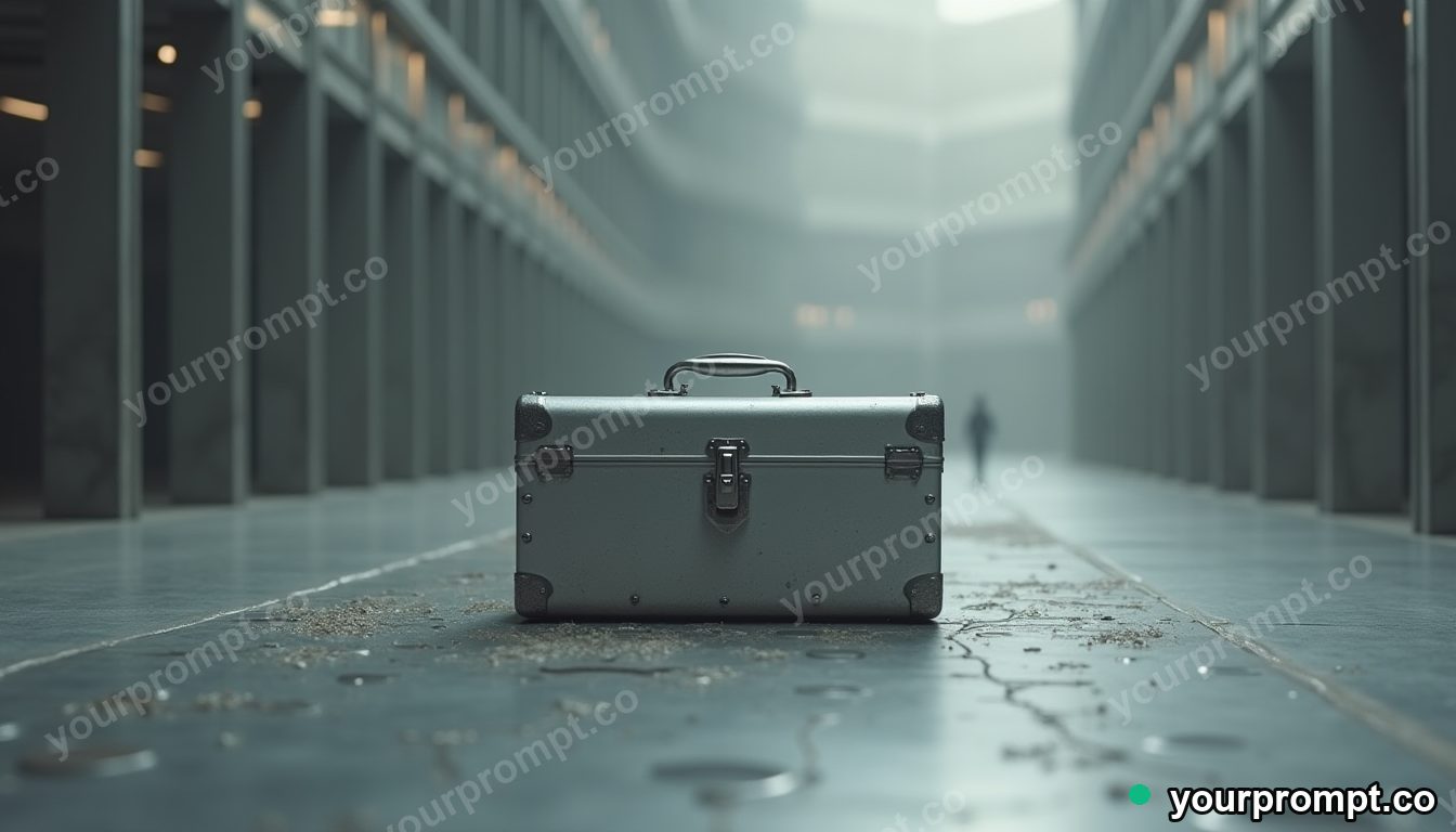 Silver toolbox slowly turning into polished stone inside a closed showroom · impossible physics surreal — AI-generated image